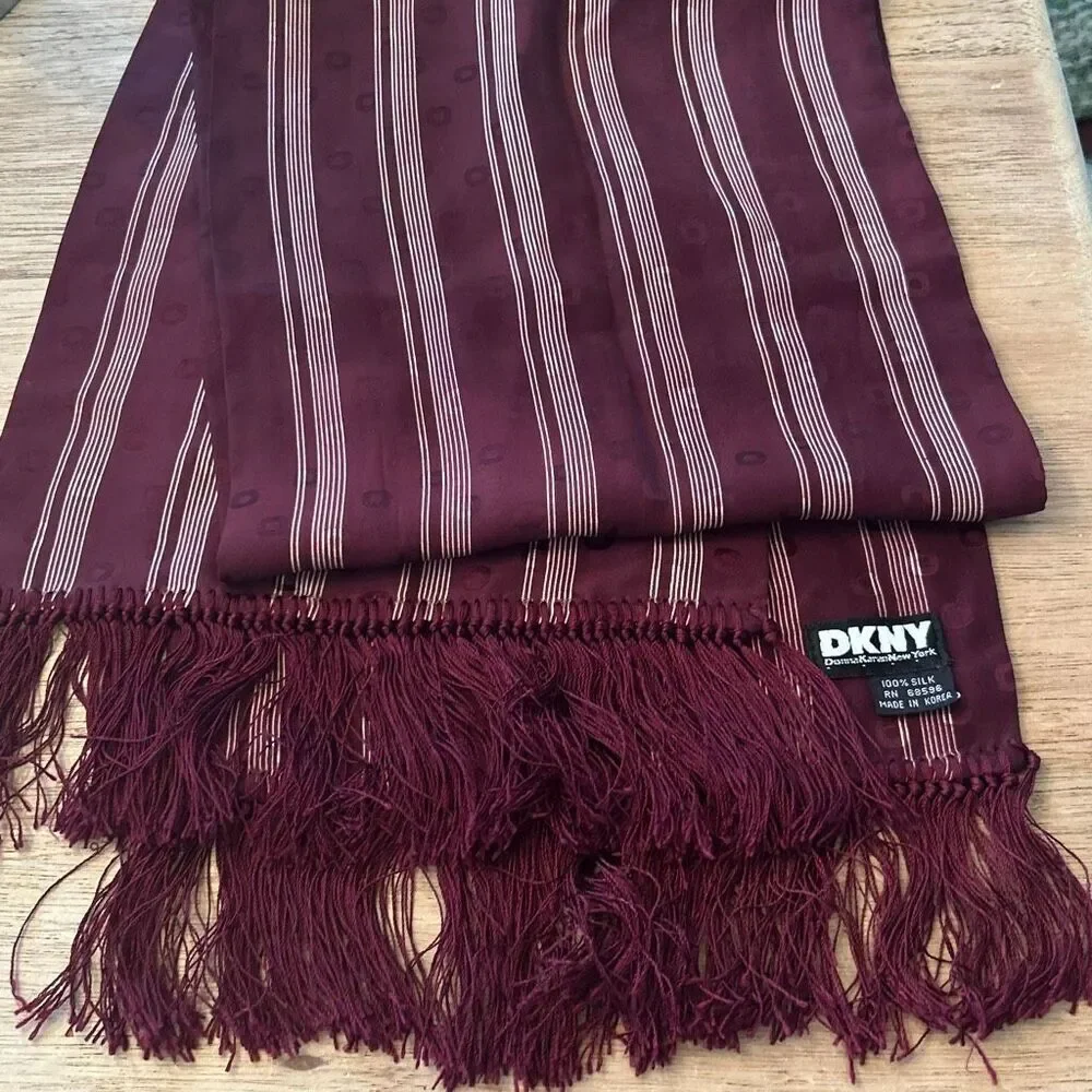 Vintage DKNY maroon cranberry striped 100% silk scarf with tassels